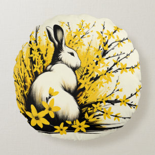 Bunny Rabbit Vår Gult Forsythia Rund Kudde