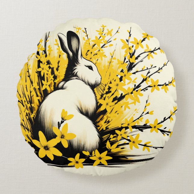 Bunny Rabbit Vår Gult Forsythia Rund Kudde (Framsidan)