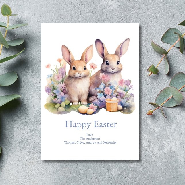 Bunny Rabbit Watercolor Blommigt Eggs Flowers Påsk Julkort (Bunny Rabbit Floral Easter Eggs Watercolor Easter Card)