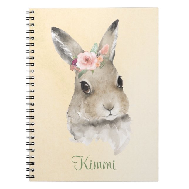 Bunny Rabbit Watercolor Blommigt Namn Cute Anteckningsbok (Framsidan)