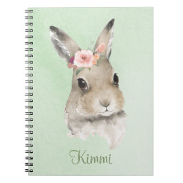 Bunny Rabbit Watercolor Grönt Blommigt Namn Cute Anteckningsbok