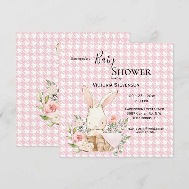 Bunny Rabbit Watercolor Houndstooth Baby Shower (Fram/baksida)