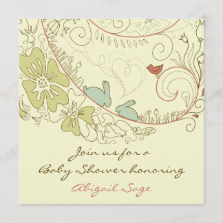 Bunny Rabbits and Flowers Neutralt Baby Shower Inbjudningar