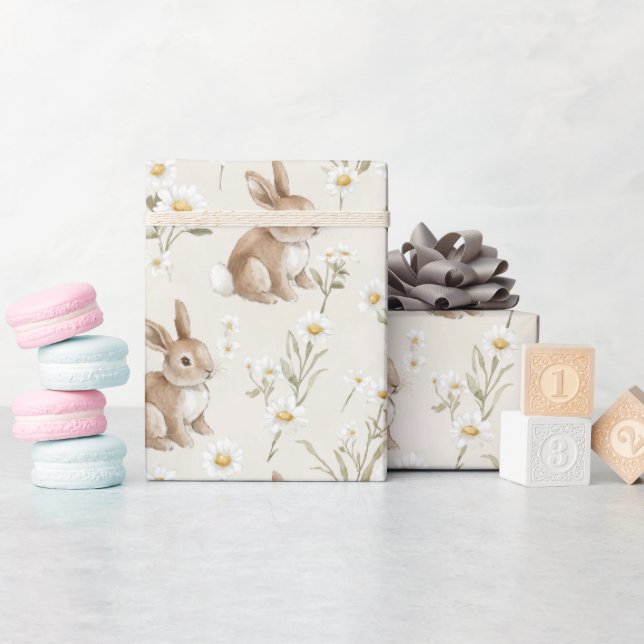 Bunny Rabbits Daisy Flowers Presentpapper (Baby Shower)