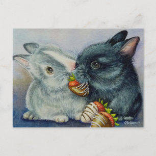 Bunny Rabbits & Dipping Strawbär Watercolor Art Vykort