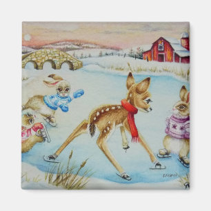 Bunny Rabbits & Fawn Ice Skating Watercolor Art Magnet