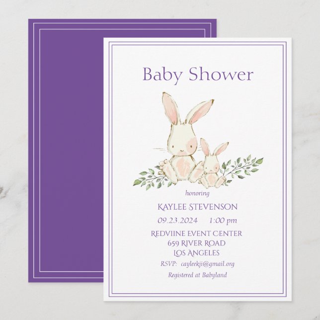 Bunny Rabbits Lila Modern Baby Shower-inbjudan Inbjudningar (Fram/baksida)