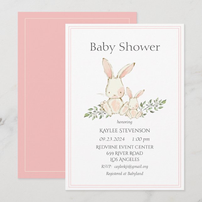 Bunny Rabbits Rosa Modern Baby Shower Inbjudningar (Fram/baksida)