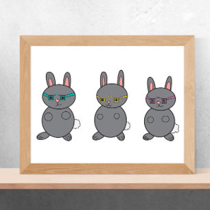 Bunny Rabbits Wearing Glass Grått Poster