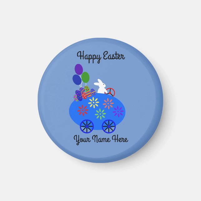 Bunny Riding Egg Car #3 Round Magnet (Framsidan)