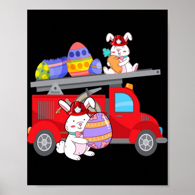 Bunny Riding Firelångcar Påsk Day Firefighter Poster (Framsidan)