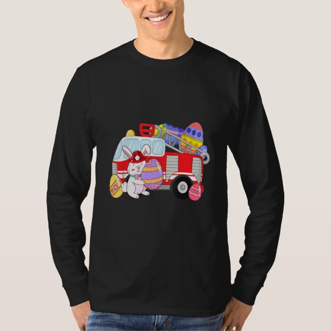 Bunny Riding Firelångtrug Påsk Day Firefighter Hap T Shirt (Framsida)