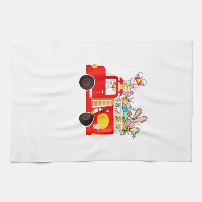 Bunny Riding Firetruck Easter Day Firefighter Happ Kökshandduk (Horisontell)