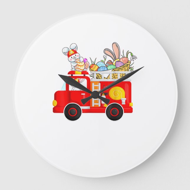 Bunny Riding Firetruck Easter Day Firefighter Happ Stor Klocka (Framsida)
