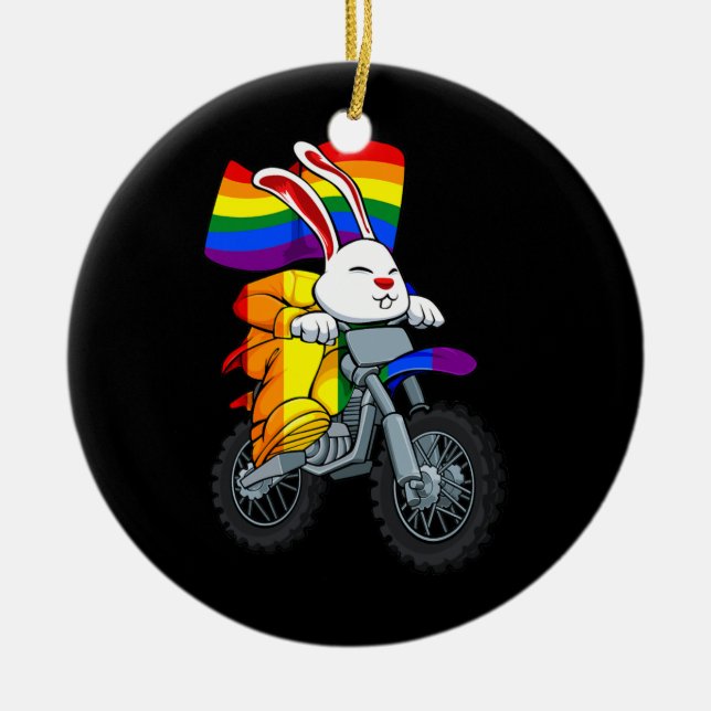 Bunny Riding Motorcycle LGBT Q Rainbow Flagga Gay Julgransprydnad Keramik (Framsidan)