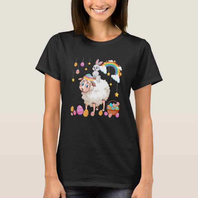 Bunny Riding Sheep Easter Day Costume Farmer Hunti T Shirt (Framsida)