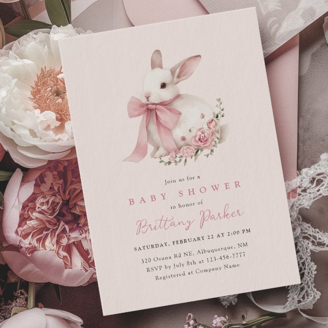 Bunny Rosa Bow Baby Shower-inbjudan Inbjudningar (Skapare uppladdad)