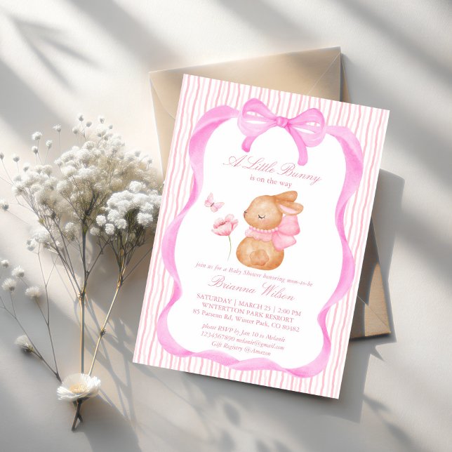 Bunny rosa-buskdusch inbjudningar (Cute Bunny pink bow border girls baby shower invitation template instant download)