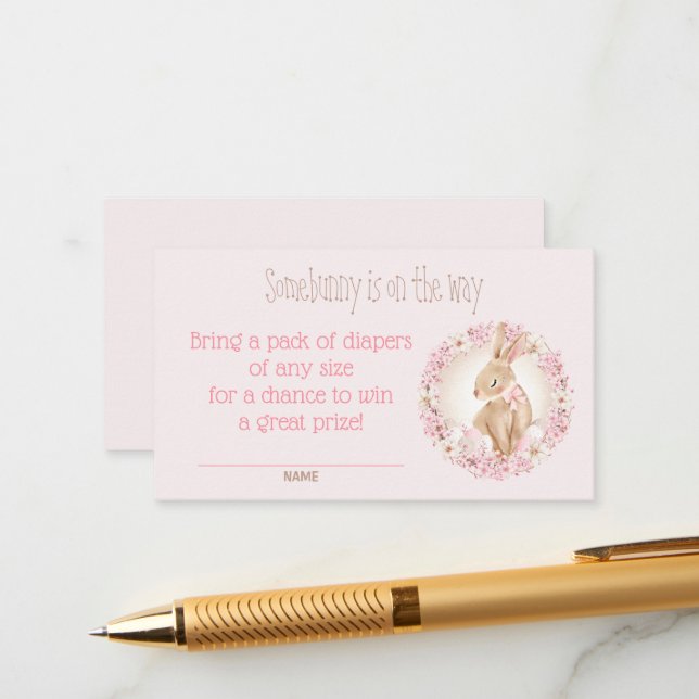 Bunny Rosa Girl Baby Shower Diaper Raffle Card Tilläggskort (Fram/Back In Situ)