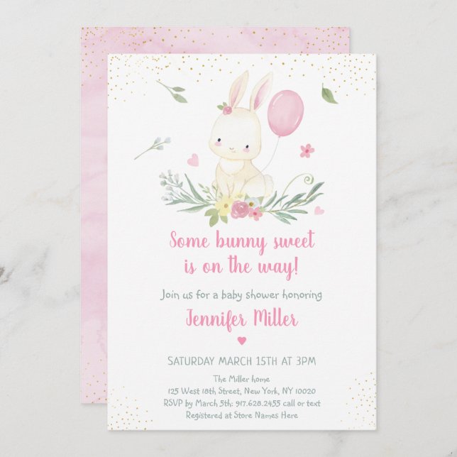 Bunny Rosa Guld Blommigt Baby Shower-inbjudan för  Inbjudningar (Fram/baksida)