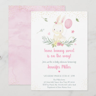Bunny Rosa Guld Blommigt Baby Shower-inbjudan för Inbjudningar