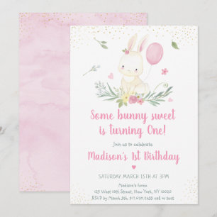 Bunny Rosa Guld Blommigt Birthday-inbjudan Inbjudningar