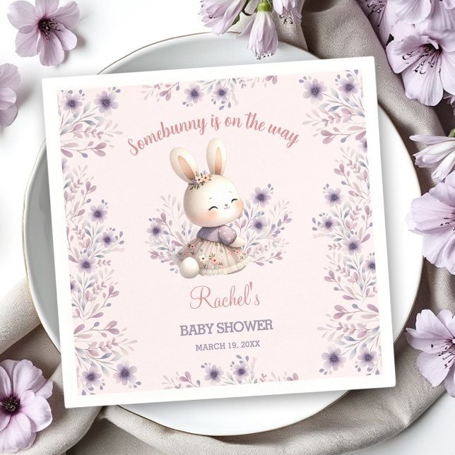Bunny Rosa Lila Blommigt Vår Baby Shower Pappersservett (Bunny Pink Purple Floral Spring Girl Baby Shower Napkins)