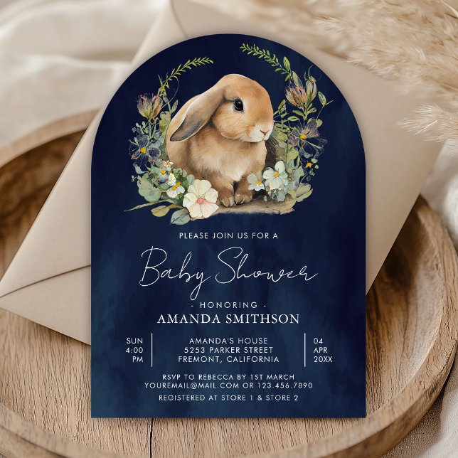 Bunny Sage Grönt Blommigt Navy Blue Arch Baby Show Inbjudningar (Skapare uppladdad)