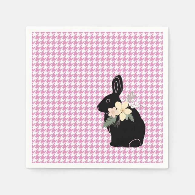 Bunny Silhouette Flowers Rosa Houndstooth Påsk Pappersservett (Framsidan)