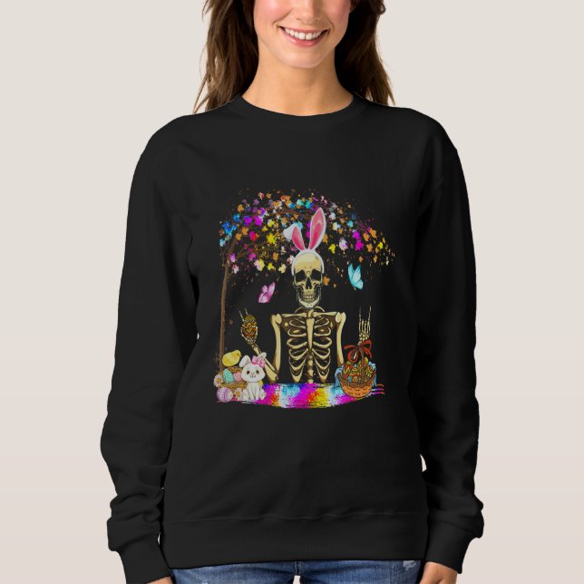 Bunny Skeleton Cute Bunny Chick Eggs Basket Lyckli T Shirt (Framsida)