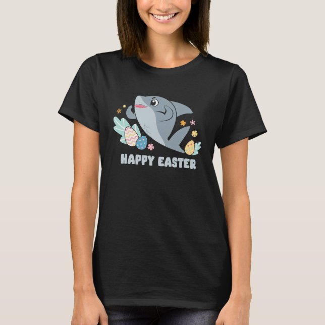 Bunny Spring Hunt Eggs cute shark Happy Easter Day T Shirt (Framsida)