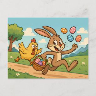 Bunny Steals Eggs från Chicken Funny Påsk Design Helg Vykort
