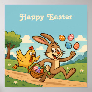 Bunny Steals Eggs från Hen Funny Påsk Tecknad Poster