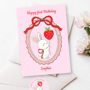 Bunny Strawberry Balloon Grattis på födelsedagen C Kort