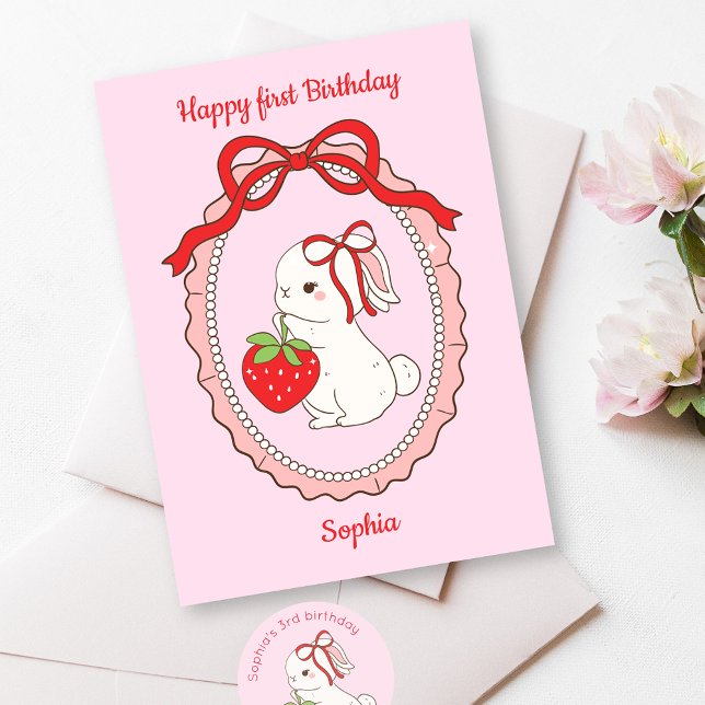 Bunny Strawberry Grattis på födelsedagen Card Kort (Skapare uppladdad)