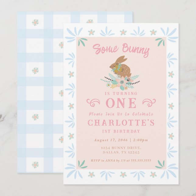 Bunny Sweet Rosa Blue Kid Första födelsedag Party Inbjudningar (Fram/baksida)