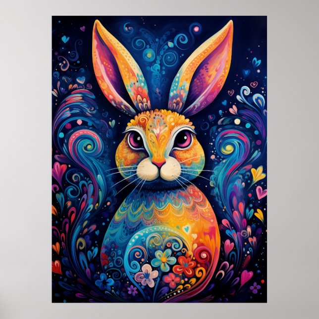 Bunny swirls and hearts Blue Poster (Framsidan)
