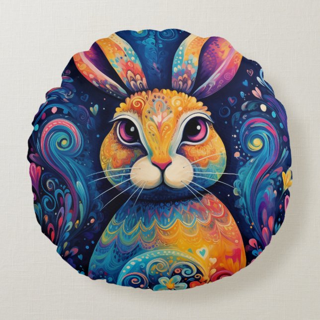 Bunny swirls and hearts Blue Rund Kudde (Framsidan)