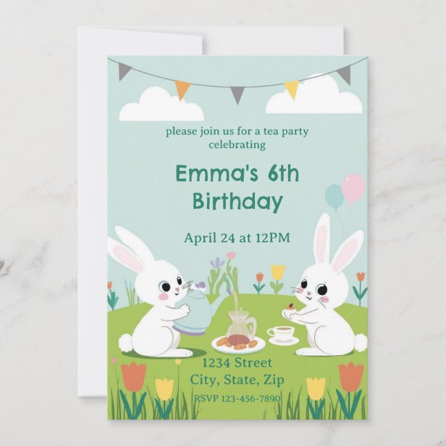 Bunny Tea Party Birthday Invitation | Cute Rabbits Inbjudningar (Framsida)