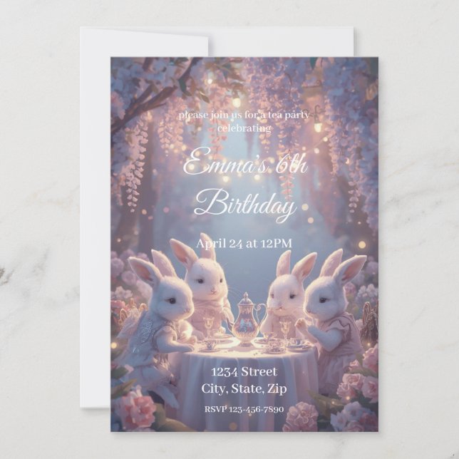 Bunny Tea Party Birthday Invitation – Dreamy Fairy Inbjudningar (Framsida)