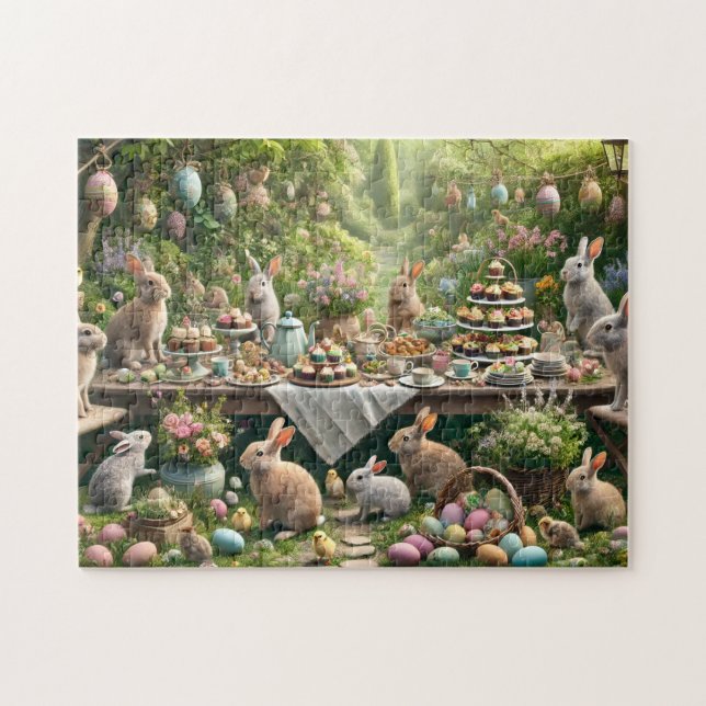 Bunny Tea Party Whimsical Easter Garden Scene Pussel (Horisontell)