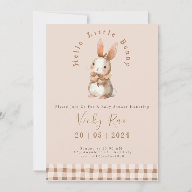 Bunny Tema Babydusch för flicka schackbrädet Inbjudningar (Framsida)