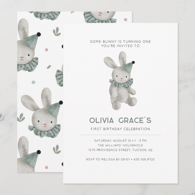 Bunny Theme Första födelsedagsinbjudan Inbjudningar (Fram/baksida)