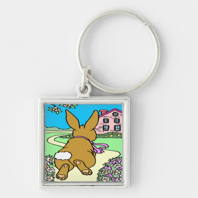 Bunny Trail Påsk Keychain Fyrkantig Silverfärgad Nyckelring (Framsidan)