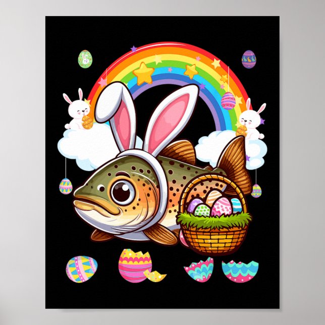 Bunny Trout Fish Påsk Hunting Eggs Basket Colorf Poster (Framsidan)