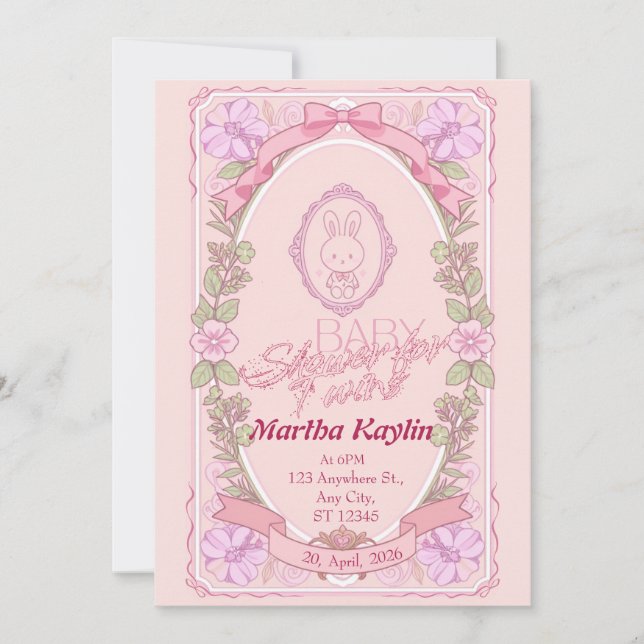 Bunny Twin Baby Shower Invitation Inbjudningar (Framsida)