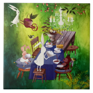 Bunny Vår Party i Forest-Animal Illustration Kakelplatta