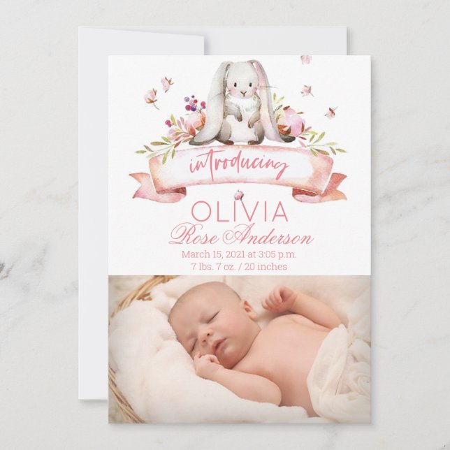 Bunny Vattencolor Girl Birth-meddelande Inbjudningar (Framsida)