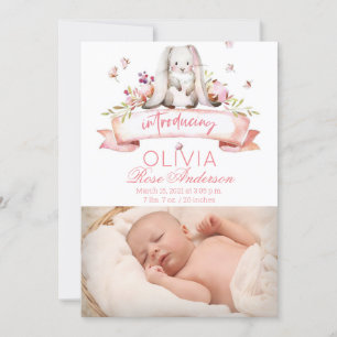 Bunny Vattencolor Girl Birth-meddelande Inbjudningar