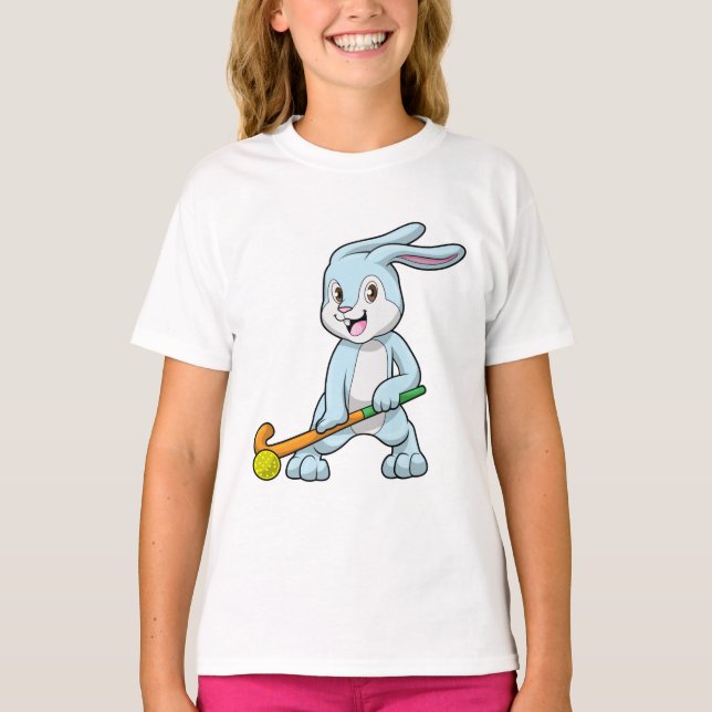 Bunny vid Fält hockey med Hockey stick T Shirt (Framsida)